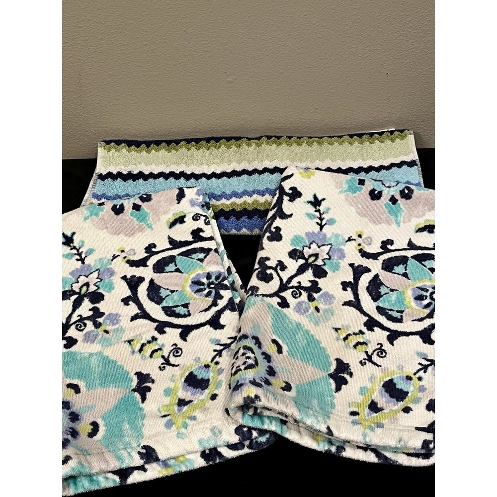 PERI Bath Hand Towels Set of 3 Floral Stripe 100% Cotton Aqua Navy Green 27.5"